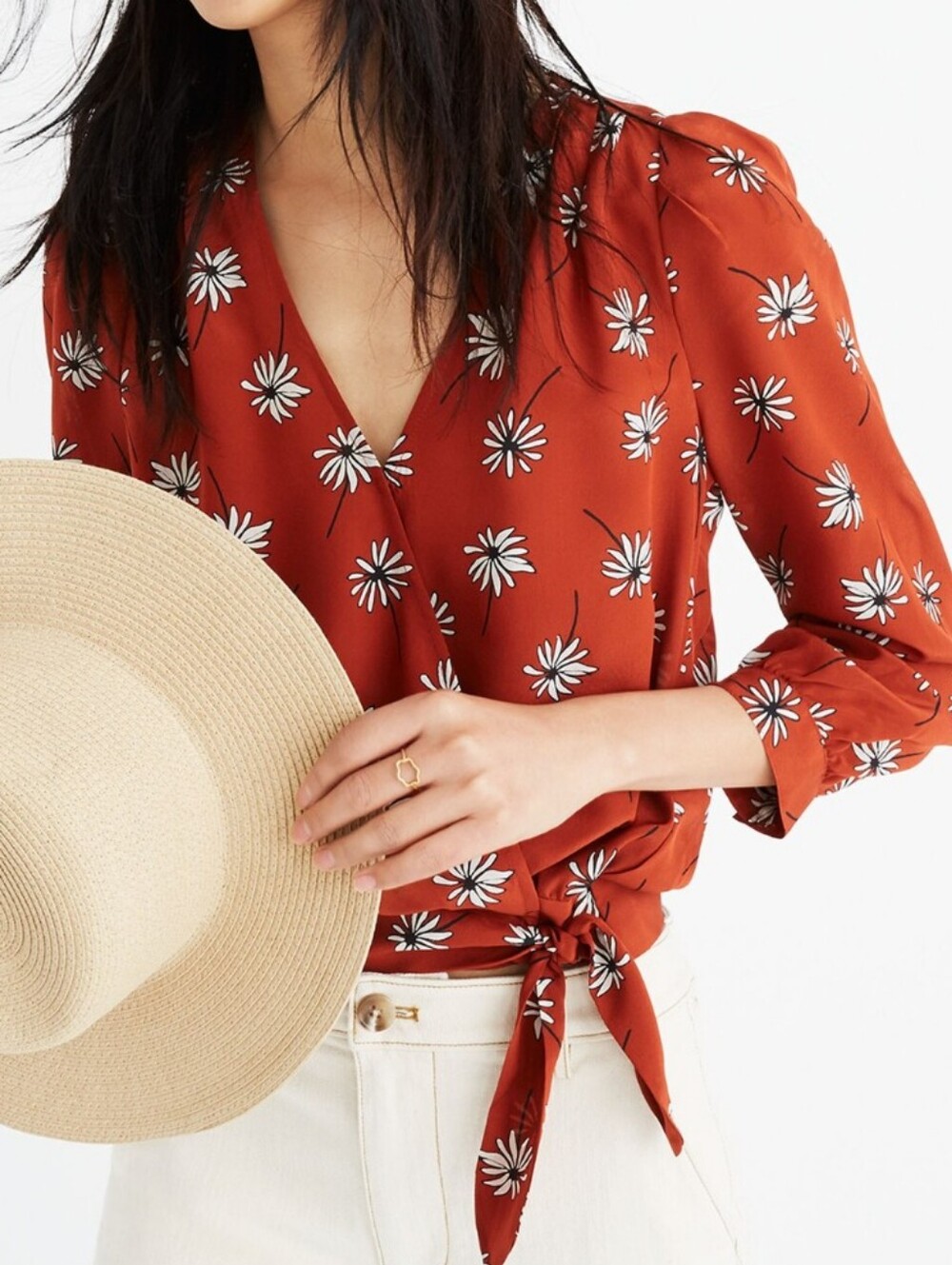 Madewell 100% Silk Rust Orange & White Daisy Print Wrap Blouse, Size S